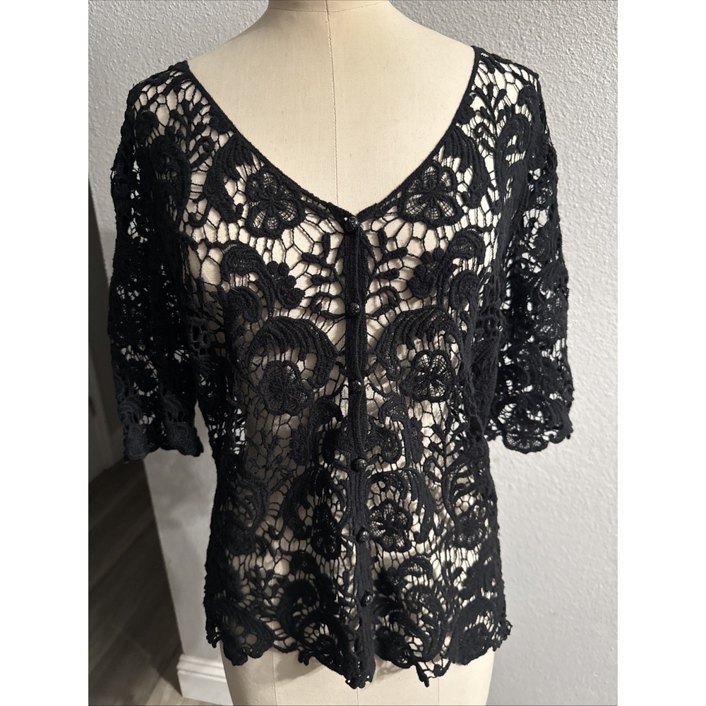 Womens Black Crotchet Lace Knit Button Blouse Cardigan Witchy Goth Whimsigoth